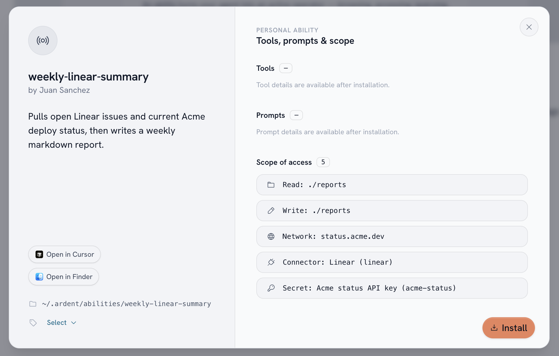 The install confirmation showing that the weekly Linear summary ability requests access to Linear